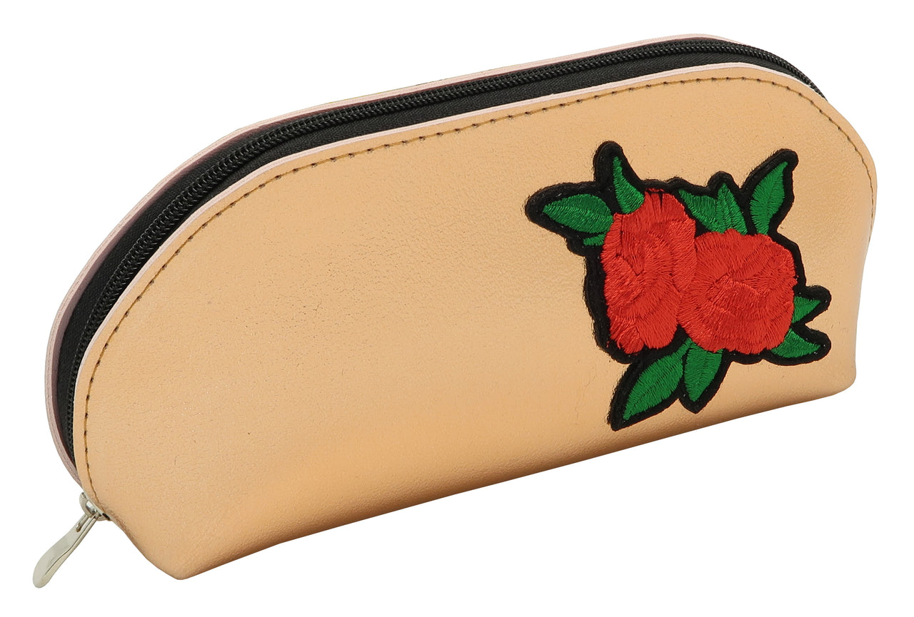 BF642 - Wholesale Fashion Metallic Zipper Pouch w/Embroidered Rose