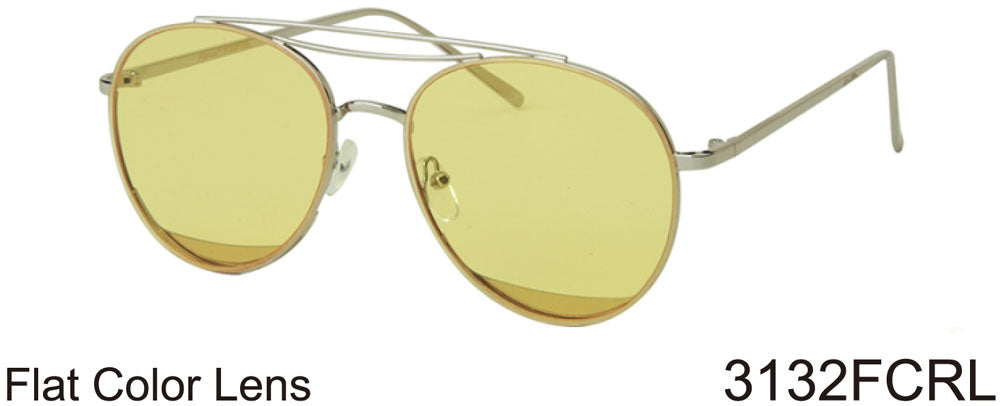 3132FCRL - Wholesale Double Bar Aviator Sunglasses with Colored Flat Lens in Silver