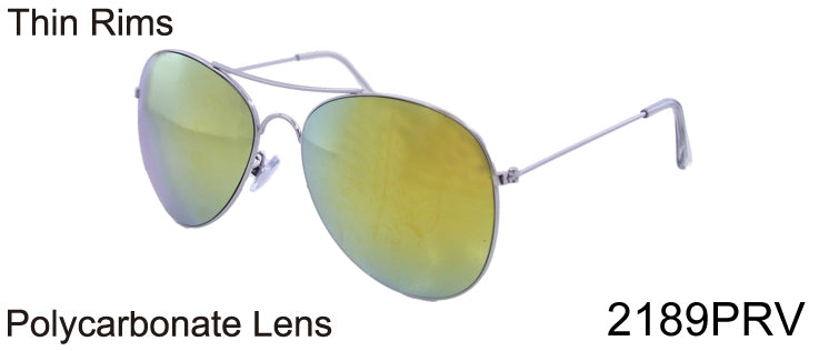 2189PRV - Wholesale Aviator Thin Rim Color Mirror Sunglasses in Silver