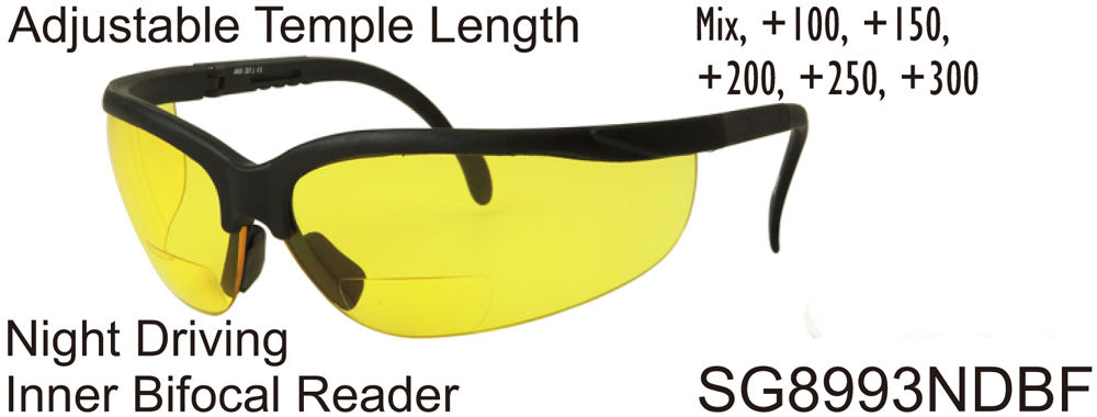 SG8993NDBF - Wholesale Night Driving Safety Glasses with Inner Bi-Focal Reading Lens