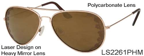 LS2261PHM - Wholesale Metal Fashion Aviator Style Sunglasses with Laser Engraving in Gold
