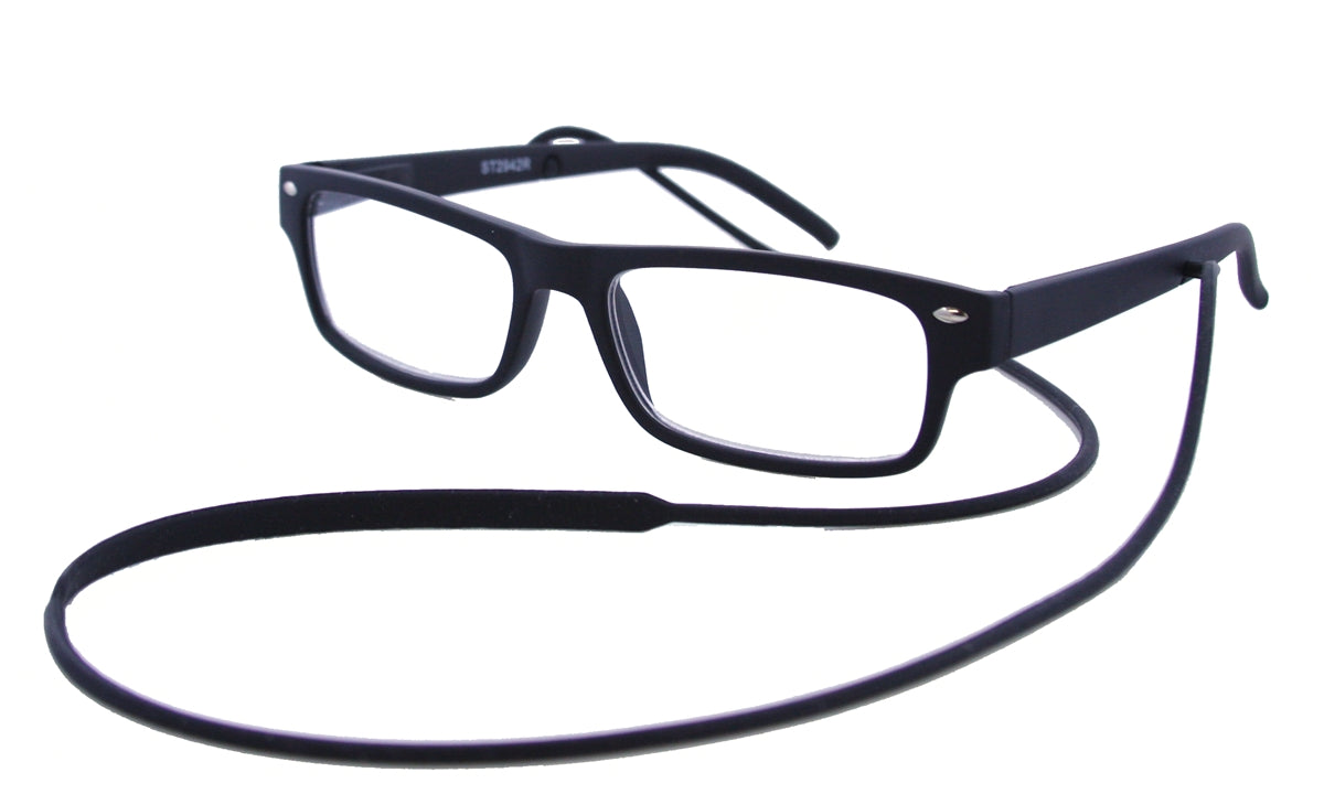 ST2942R - Wholesale Unisex Rubberized Frame Reading Glasses with Detachable Retainer in Black