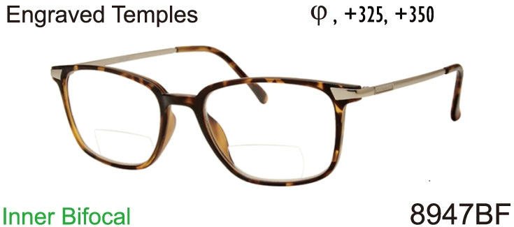 8947BF - Unisex Rectangular Bifocal Reading Glasses in Tortoise