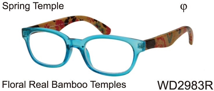 WD2983R - Wholesale Women's Floral Reading Glasses with Real Bamboo Temples in Blue