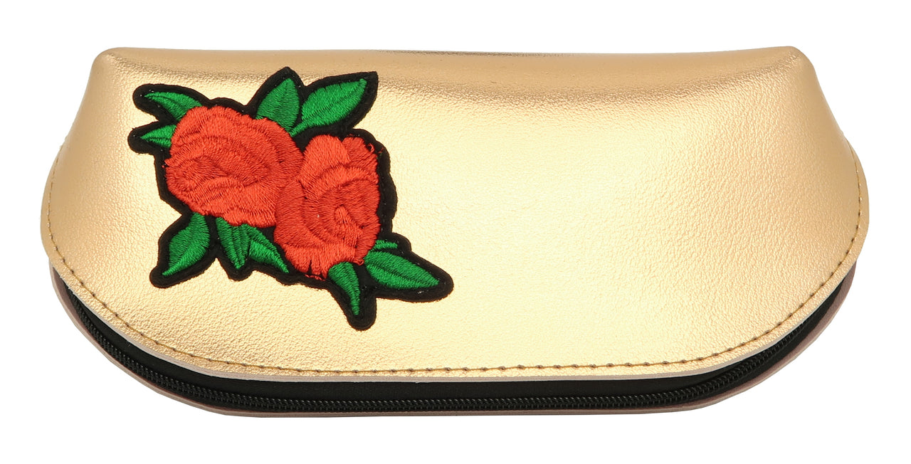 BF642 - Wholesale Fashion Metallic Zipper Pouch w/Embroidered Rose