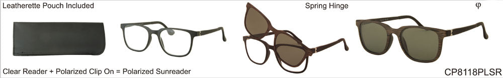 CP8118PLSR - Wholesale Men's Reading Glasses w/Clip ON Polarized Sunglasses