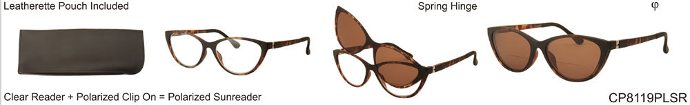 CP8119PLSR - Wholesale Women's Reading Glasses w/Clip ON Polarized Sunglasses
