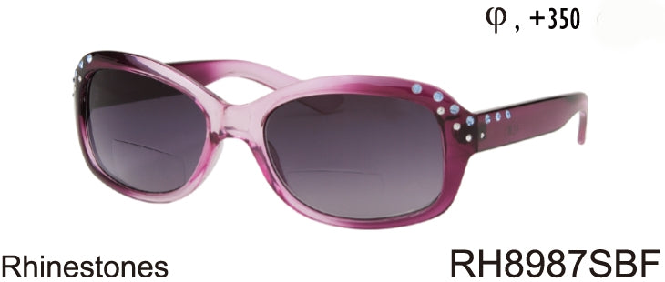 RH8987SBF - Wholesale Women's Rectangular Style BiFocal Reading Sunglasses with Rhinestone Frame in Purple